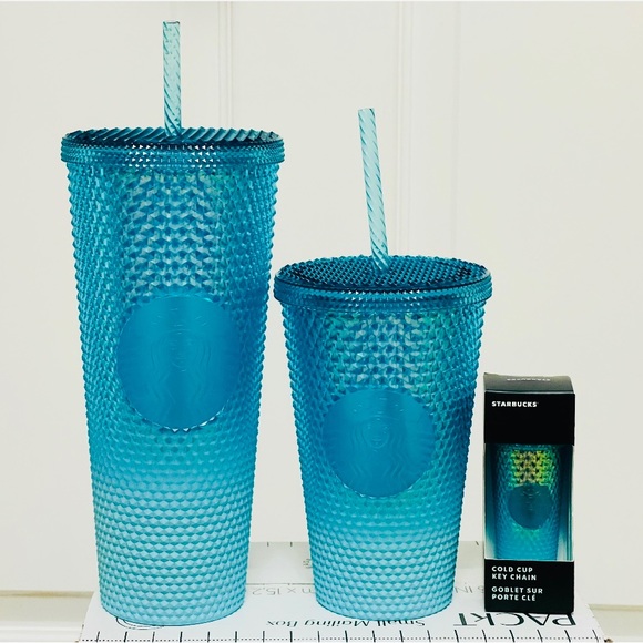 Starbucks Ombre Blue Studded Cup Tumbler Venti Grande Keychain Aqua Splash 3PSet - Picture 5 of 13